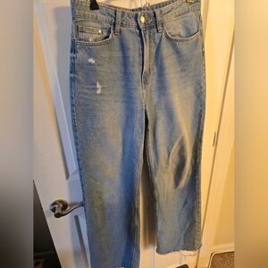 & Denim Light Blue Distressed Wide Leg Jeans